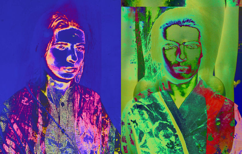 police photographs showing the papin sisters side by side, digitally altered. on the left, lea papin is mostly blue, with yellow and pink lines on her face, some red in her hair, purple lines falling down her shoulders, and a black and yellow checkerboard pattern covering most of her torso. on the right, christine papin is a green-yellow, with cyan and black lines n yer face, bulbous shapes behind her head, and complex, organic-looking bright green and deep turquoise patterns on her chest, turning to red and pink at the right side